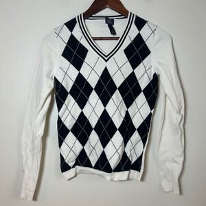 Brooks Brothers Womens XS Argyle V Neck Sweater White Black Supima Cotton